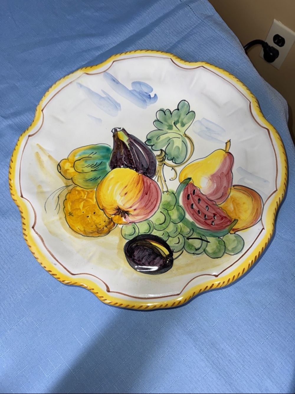 Italian majolica fruit platter Hand-painted vibrant fruit motif 13.75”